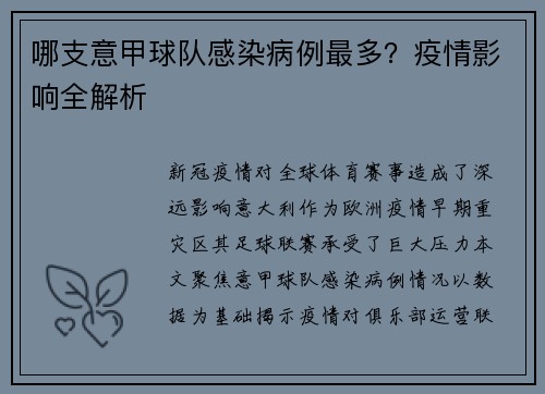 哪支意甲球队感染病例最多？疫情影响全解析