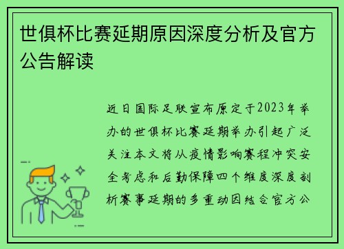 世俱杯比赛延期原因深度分析及官方公告解读