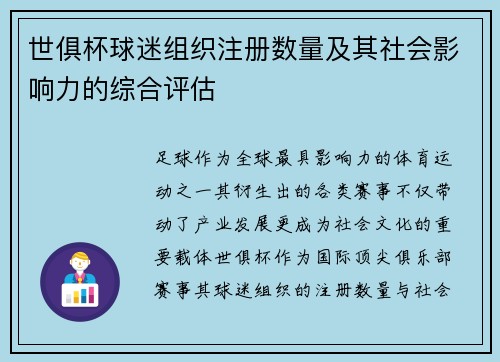 世俱杯球迷组织注册数量及其社会影响力的综合评估