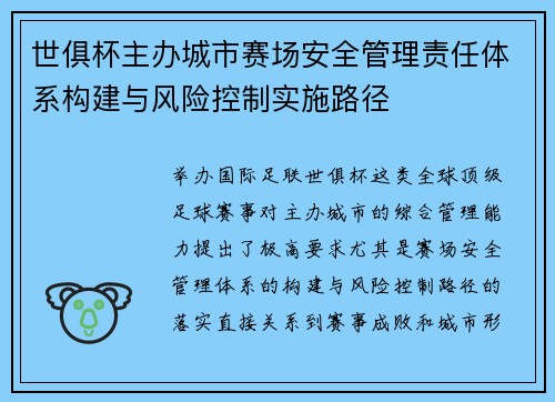 世俱杯主办城市赛场安全管理责任体系构建与风险控制实施路径